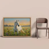 Beautiful White Horse In Wildflowers Field Framed Wall Art