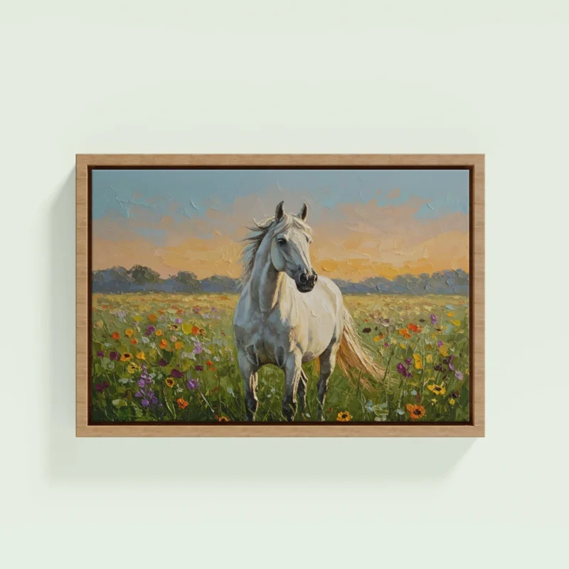 Beautiful White Horse In Wildflowers Field Framed Wall Art