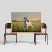 Beautiful White Horse In Wildflowers Field Framed Wall Art