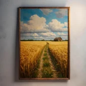 Golden Wheat Fields Under Beautiful Sky Framed Wall Art