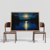 Moon Reflection Over Lake Framed Canvas Wall Art