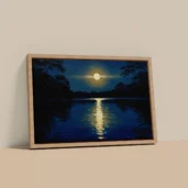 Moon Reflection Over Lake Framed Canvas Wall Art