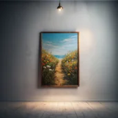 Path To The Sea Through Wildflowers Field Framed Wall Art
