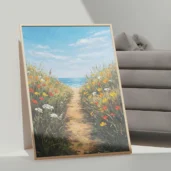 Path To The Sea Through Wildflowers Field Framed Wall Art