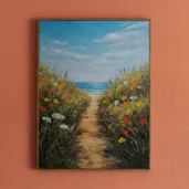 Path To The Sea Through Wildflowers Field Framed Wall Art