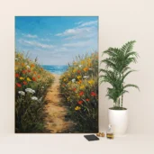 Path To The Sea Through Wildflowers Field Framed Wall Art