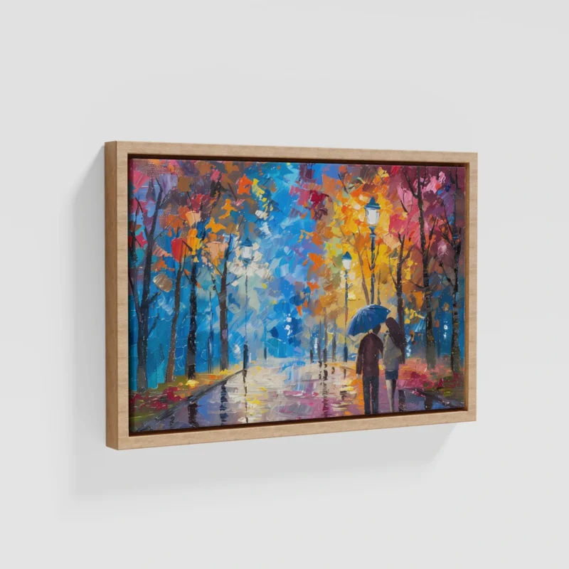Romantic Couple Walking In Rain Framed Canvas Wall Art