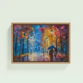 Romantic Couple Walking In Rain Framed Canvas Wall Art