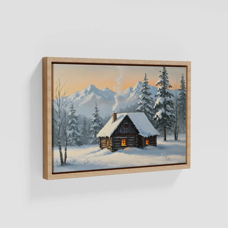 Snow Covered Cabin In Mountains Framed Canvas Wall Art