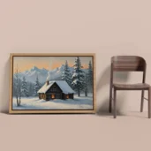 Snow Covered Cabin In Mountains Framed Canvas Wall Art