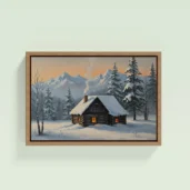 Snow Covered Cabin In Mountains Framed Canvas Wall Art