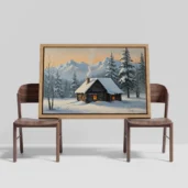 Snow Covered Cabin In Mountains Framed Canvas Wall Art