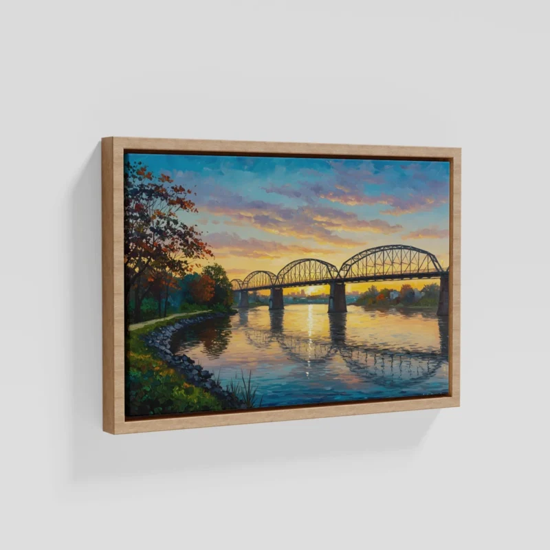 Vintage Steel Bridge Over River Framed Canvas Wall Art