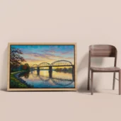 Vintage Steel Bridge Over River Framed Canvas Wall Art