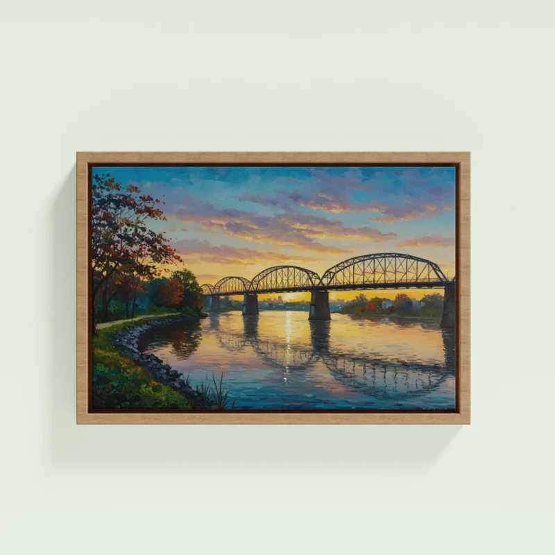 Vintage Steel Bridge Over River Framed Canvas Wall Art