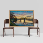 Vintage Steel Bridge Over River Framed Canvas Wall Art