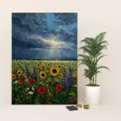 Wildflowers Field Under Magical Sky Framed Canvas Wall Art