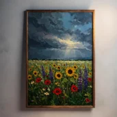 Wildflowers Field Under Magical Sky Framed Canvas Wall Art