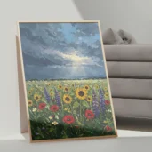 Wildflowers Field Under Magical Sky Framed Canvas Wall Art