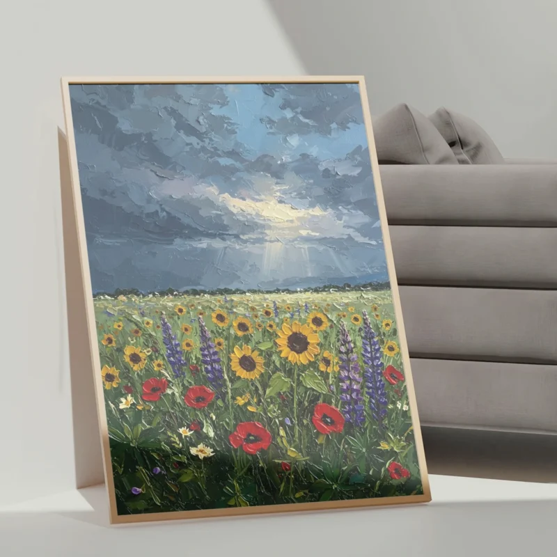 Wildflowers Field Under Magical Sky Framed Canvas Wall Art