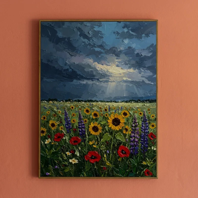 Wildflowers Field Under Magical Sky Framed Canvas Wall Art