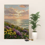 Wildflowers Field and Coastal Sunset Framed Canvas Wall Art