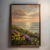 Wildflowers Field and Coastal Sunset Framed Canvas Wall Art