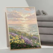 Wildflowers Field and Coastal Sunset Framed Canvas Wall Art