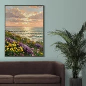Wildflowers Field and Coastal Sunset Framed Canvas Wall Art