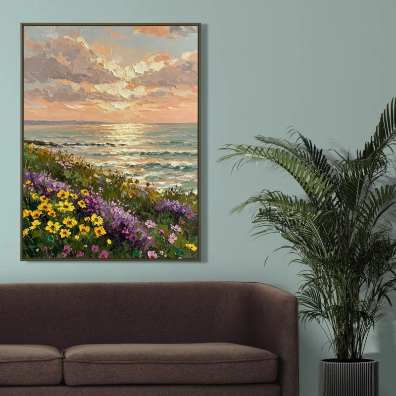 Wildflowers Field and Coastal Sunset Framed Canvas Wall Art