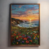 Wildflowers Field Coastal Sunset Framed Canvas Wall Art