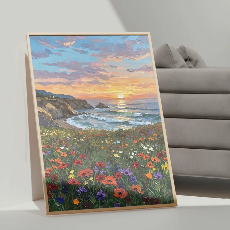 Wildflowers Field Coastal Sunset Framed Canvas Wall Art