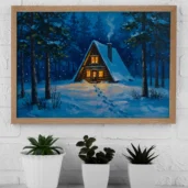 A-Frame Cabin in the Woods with Firelight – Cozy Night Forest Printable Wall Art, Digital Download, Rustic Cabin Decor