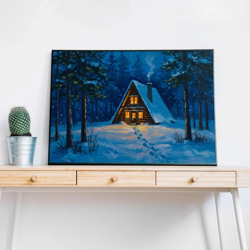 A-Frame Cabin in the Woods with Firelight – Cozy Night Forest Printable Wall Art, Digital Download, Rustic Cabin Decor