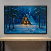 A-Frame Cabin in the Woods with Firelight – Cozy Night Forest Printable Wall Art, Digital Download, Rustic Cabin Decor