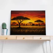 African Savannah with Acacia Trees & Sunset – Warm Sunset Digital Wall Art, Printable Horizontal Poster, African Landscape Decor, Instant Download