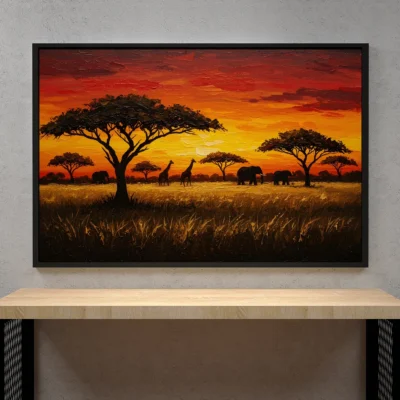 African Savannah with Acacia Trees & Sunset – Warm Sunset Digital Wall Art, Printable Horizontal Poster, African Landscape Decor, Instant Download