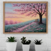 Cherry Blossom Hill Under Pink Sunset – Peaceful Landscape Digital Wall Art, Horizontal Printable Poster, Sakura Tree Decor, Instant Download