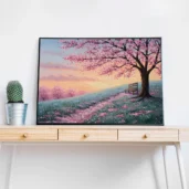 Cherry Blossom Hill Under Pink Sunset – Peaceful Landscape Digital Wall Art, Horizontal Printable Poster, Sakura Tree Decor, Instant Download