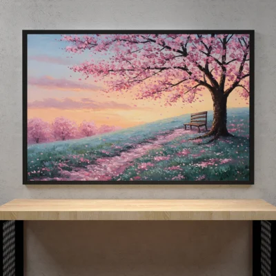 Cherry Blossom Hill Under Pink Sunset – Peaceful Landscape Digital Wall Art, Horizontal Printable Poster, Sakura Tree Decor, Instant Download
