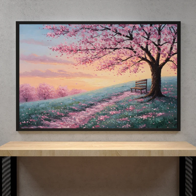 Cherry Blossom Hill Under Pink Sunset – Peaceful Landscape Digital Wall Art, Horizontal Printable Poster, Sakura Tree Decor, Instant Download