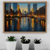 Chicago Skyline with River Reflection – Urban Cityscape Digital Wall Art, Horizontal Printable Poster, Modern Skyline Decor, Instant Download