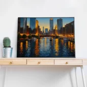 Chicago Skyline with River Reflection – Urban Cityscape Digital Wall Art, Horizontal Printable Poster, Modern Skyline Decor, Instant Download