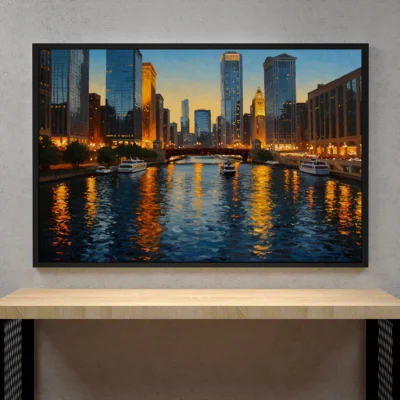 Chicago Skyline with River Reflection – Urban Cityscape Digital Wall Art, Horizontal Printable Poster, Modern Skyline Decor, Instant Download