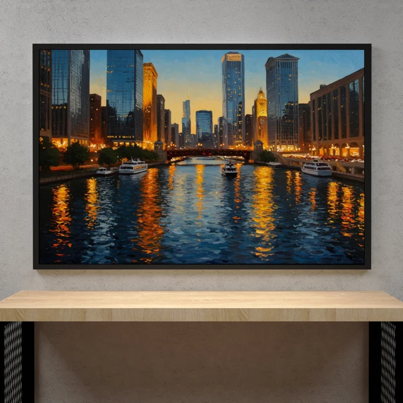 Chicago Skyline with River Reflection – Urban Cityscape Digital Wall Art, Horizontal Printable Poster, Modern Skyline Decor, Instant Download