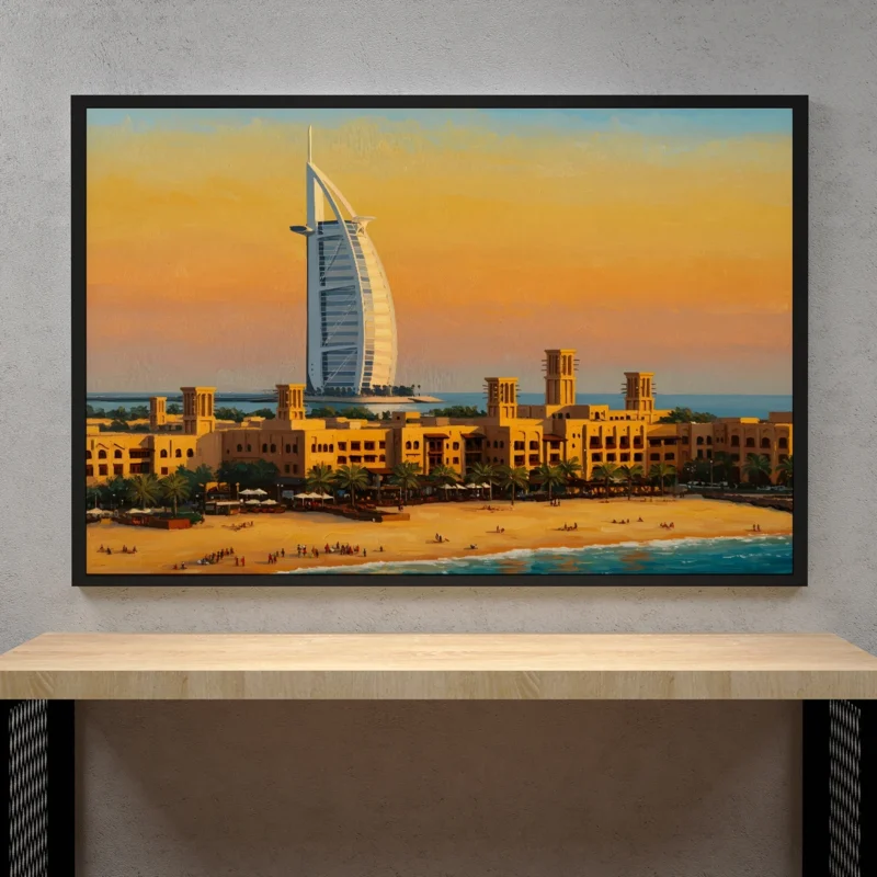 Dubai Old Town with Burj Al Arab – Middle Eastern Cityscape Digital Wall Art, Horizontal Printable Poster, Dubai Travel Decor, Instant Download