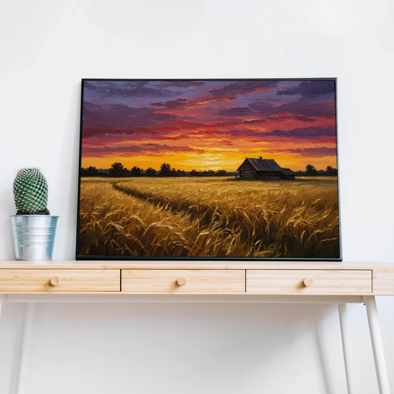 Golden Wheat Fields at Sunset – Rustic Landscape Digital Wall Art, Horizontal Printable Poster, Farmhouse Decor, Instant Download