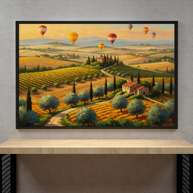 Hot Air Balloons Over Tuscan Countryside – Scenic Italy Landscape Digital Wall Art, Horizontal Printable Poster, Travel Decor, Instant Download