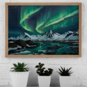 Icelandic Aurora Borealis Over Mountains – Northern Lights Digital Wall Art, Horizontal Printable Poster, Nordic Landscape Decor, Instant Download