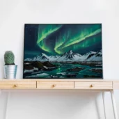 Icelandic Aurora Borealis Over Mountains – Northern Lights Digital Wall Art, Horizontal Printable Poster, Nordic Landscape Decor, Instant Download